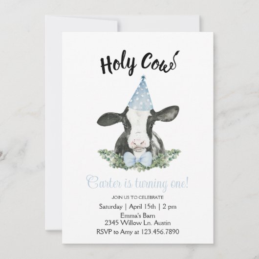 青いパーティー帽の牛のデザインが入った招待状 招待状 (正面)