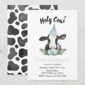 青いパーティー帽の牛のデザインが入った招待状 招待状 (正面/裏面)