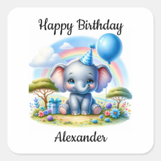 青いパーティー帽をかぶったかわいい誕生日の象 スクエアシール