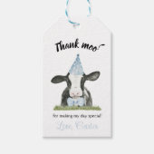 青いパーティー帽子の牛と牛のプリント誕生日の好意 ギフトタグ (正面)