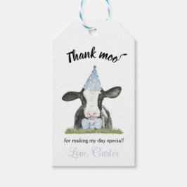 青いパーティー帽子の牛と牛のプリント誕生日の好意 ギフトタグ