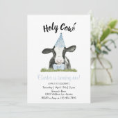 青いパーティー帽子の牛のデザインの招待状 招待状 (スタンド正面)