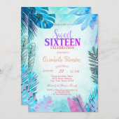 青いパームリーフのサマー スイート 16 招待状 (正面/裏面)