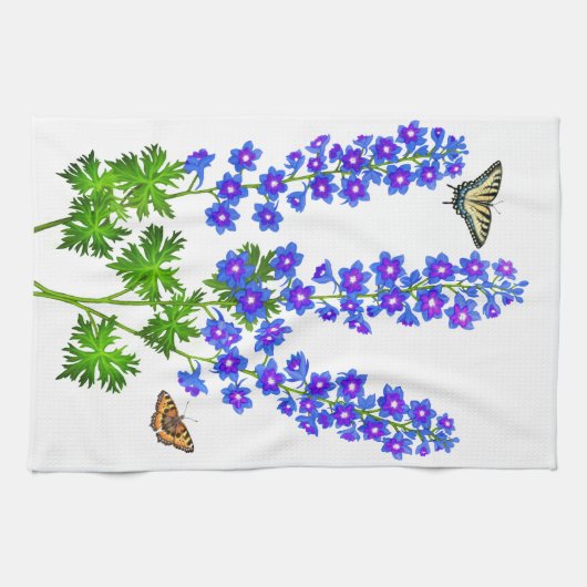 青いヒエンソウによってLarkspurはアメリカ人のMoJoのキットが開花します キッチンタオル (横)