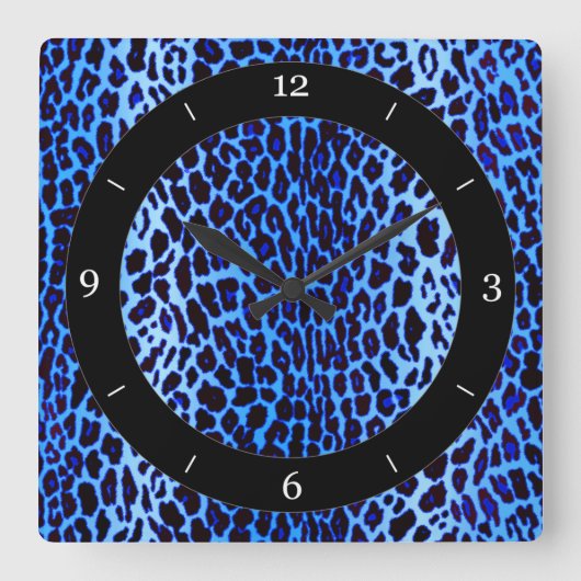 青いヒョウのアニマルプリント スクエア壁時計 (正面)