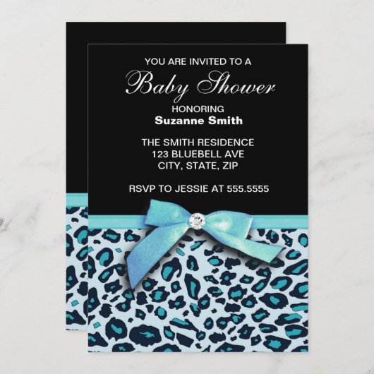 青いヒョウのプリントの男の子のベビーシャワーの招待 招待状 (正面/裏面)