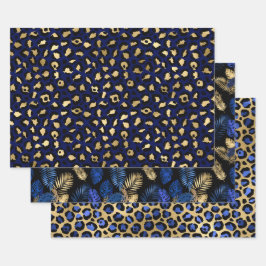 青いヒョウ柄に金のトロピカルリーフ ラッピングペーパーシート
