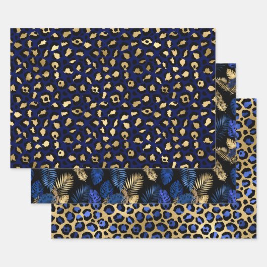 青いヒョウ柄に金のトロピカルリーフ ラッピングペーパーシート (セット)