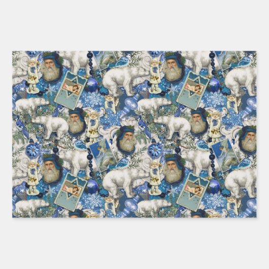 青いビクトリアンクリスマスコラージュ ラッピングペーパーシート (正面)