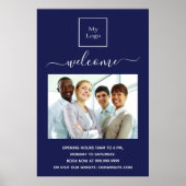 青いビジネスロゴの写真へようこそ営業時間 ポスター (正面)