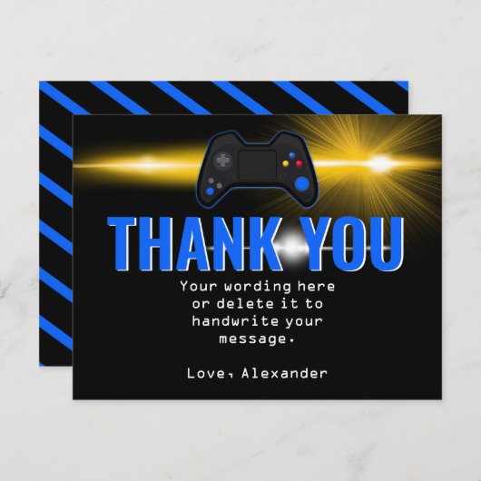青いビデオゲームパーティー感謝カード サンキューカード (正面/裏面)