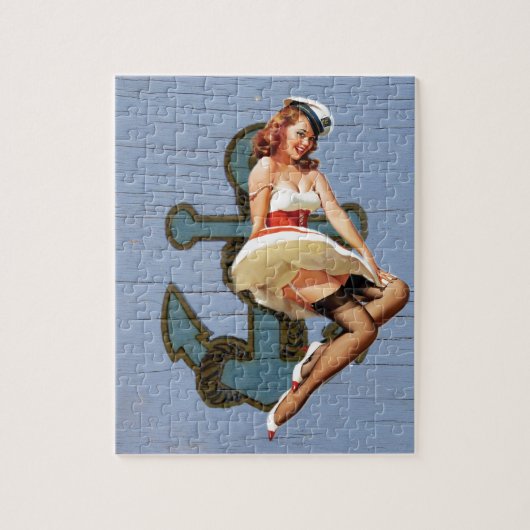 青いビーチの女の子の船員の上の航海のないかりPin ジグソーパズル (縦)