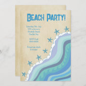 青いビーチの波と星の魚のサマーパーティー招待状 招待状 (正面/裏面)