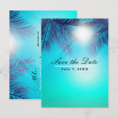 青いビーチパーティー 太陽の輝くパームツリー Save the Date 案内ポストカード (正面/裏面)