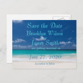 青いビーチ結婚式日付はがきを保存 案内ポストカード (正面/裏面)
