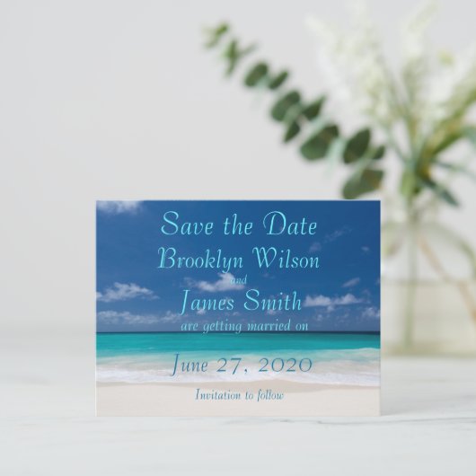 青いビーチ結婚式日付はがきを保存 案内ポストカード (スタンド正面)