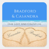 青いビーチ結婚式2ハートの砂のシール スクエアシール (正面)