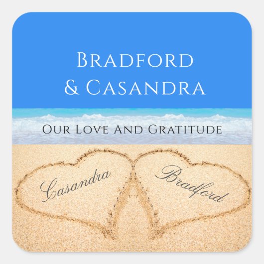 青いビーチ結婚式2ハートの砂のシール スクエアシール (正面)