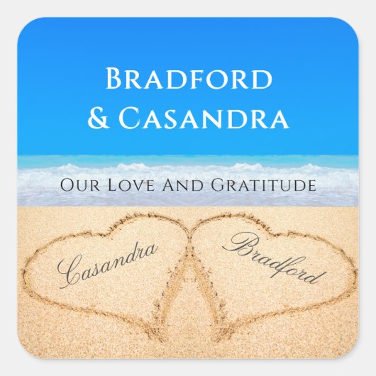 青いビーチ結婚式2ハートの砂のシール スクエアシール (正面)