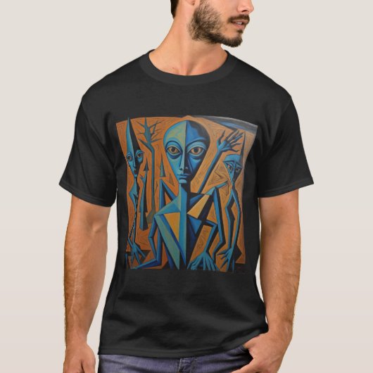 青いピカソのエイリアンアート Tシャツ (正面)