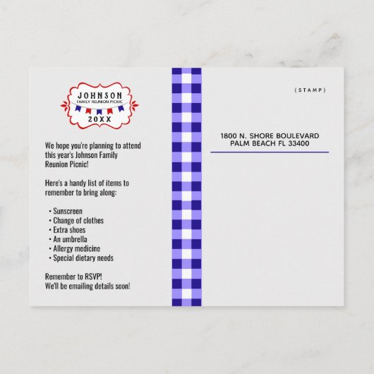 青いピクニックパーティー|のバーベキュー • 懇親会 • 誕生日 案内ポストカード (裏面)