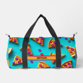 青いピザの模様、面白い名前か独自のテキスト ダッフルバッグ (正面)
