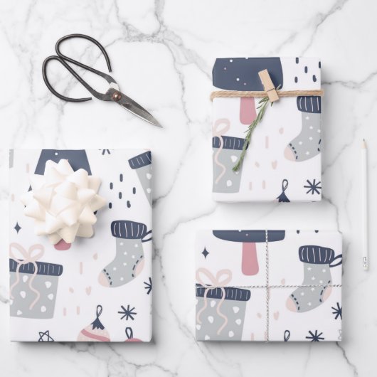 青いピンクと灰色のクリスマス ラッピングペーパーシート (正面)