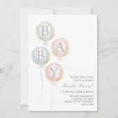 青いピンクと金ゴールドのベビーバルーン性別の表示 招待状 (正面)