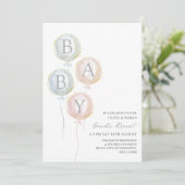 青いピンクと金ゴールドのベビーバルーン性別の表示 招待状 (スタンド正面)