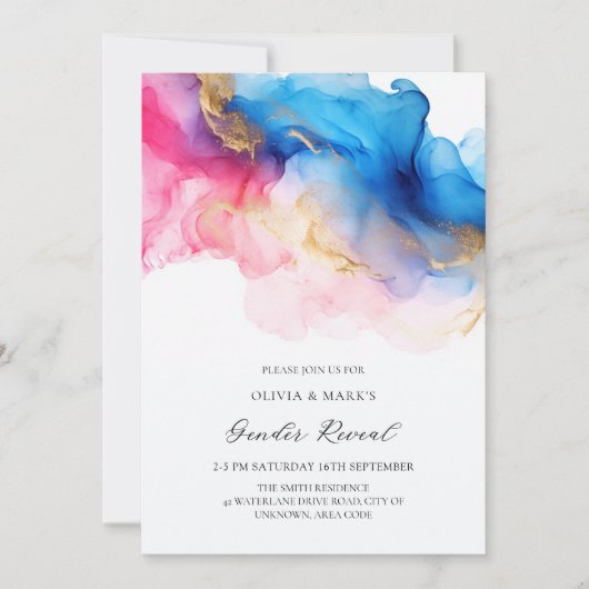 青いピンクと金ゴールド水色のベビー性別の表示 招待状 (正面)