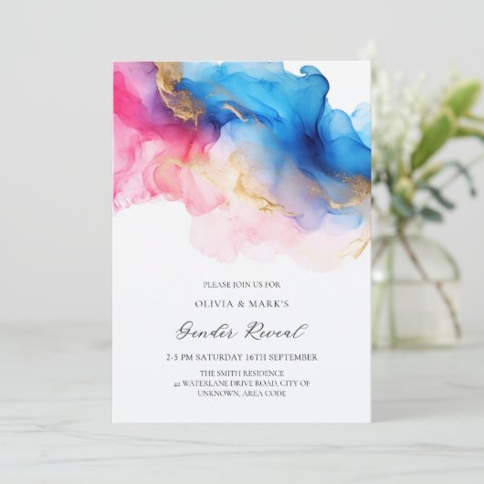 青いピンクと金ゴールド水色のベビー性別の表示 招待状 (スタンド正面)