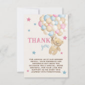 青いピンクのクマとバルーンの性モダン別表示 サンキューカード (正面)