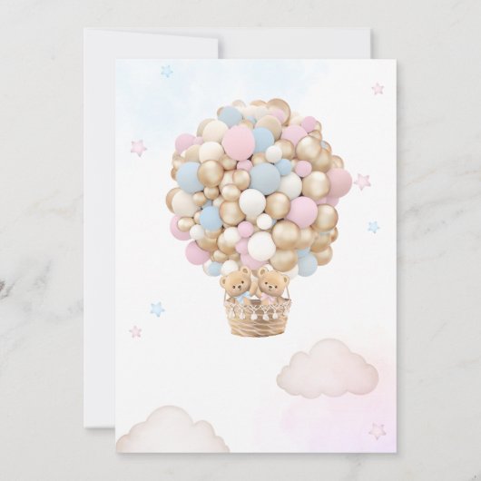青いピンクのクマの気球ジェンダーが赤ちゃんのシャワーを明らかにする 招待状 (裏面)