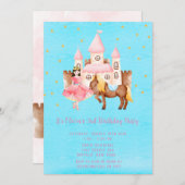 青いピンクのプリンセス城と馬の誕生日パーティー 招待状 (正面/裏面)
