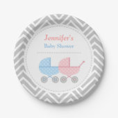 青いピンクのベビーカーの双生児のベビーシャワーのプレート ペーパープレート (正面)