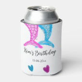 青いピンクの人魚の水彩の名前の誕生日 缶クーラー (缶正面)
