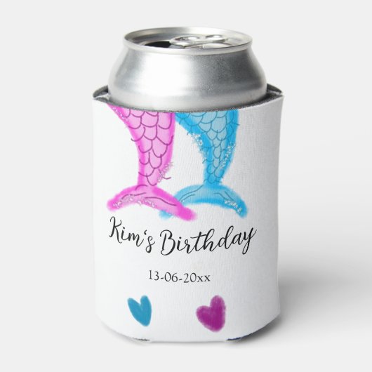 青いピンクの人魚の水彩の名前の誕生日 缶クーラー (缶正面)