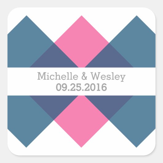 青いピンクの幾何座標系結婚式用シール スクエアシール (正面)