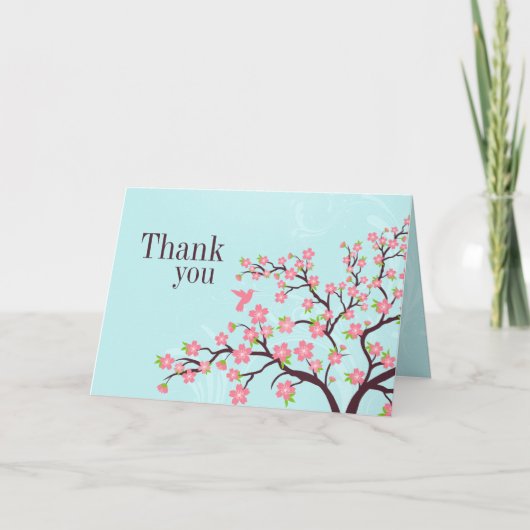 青いピンクの桜の結婚式のサンキューカード サンキューカード (正面)