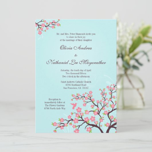 青いピンクの桜の結婚式招待状 招待状 (スタンド正面)