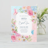 青いピンクの水彩画の花のウェディングシャワーのシャワー 招待状 (スタンド正面)