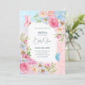 青いピンクの水色の花ベビースシャワー 招待状 (スタンド正面)