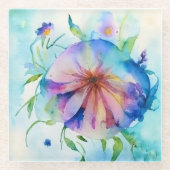 青いピンクの渦巻き、水色 ガラスコースター (正面)