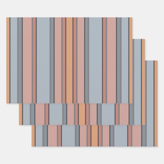 青いピンクの灰色の色のブロックの垂直ストライプ色 ラッピングペーパーシート (セット)