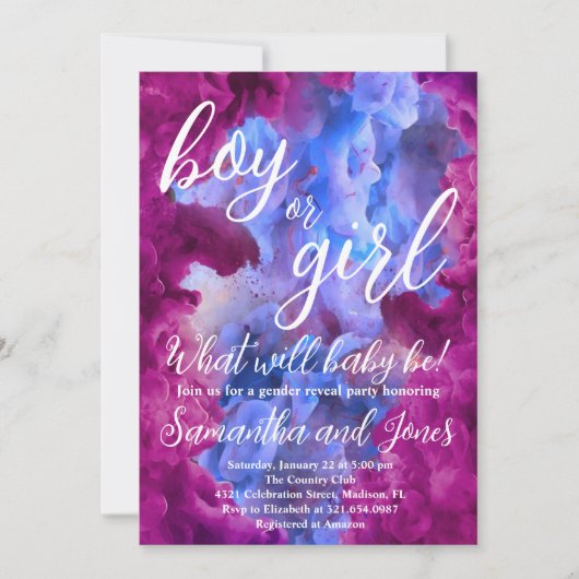 青いピンクの煙のジェンダー表示パーティー 招待状 (正面)