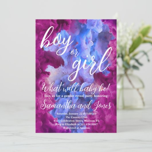 青いピンクの煙のジェンダー表示パーティー 招待状 (スタンド正面)