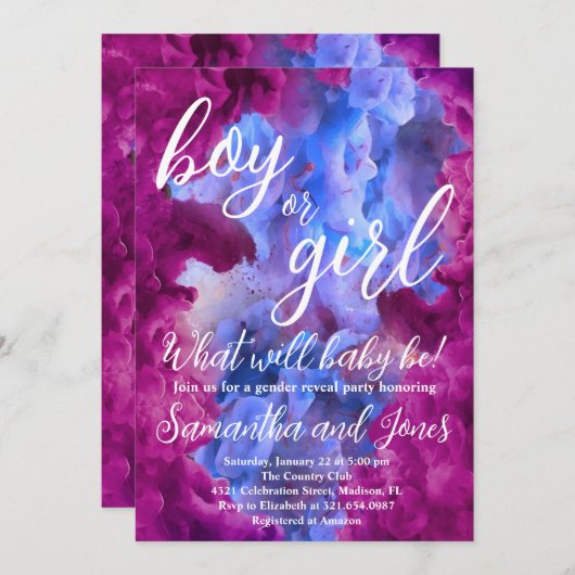 青いピンクの煙のジェンダー表示パーティー 招待状 (正面/裏面)