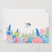 青いピンクの花と鳥のウェディング セーブザデート (裏面)