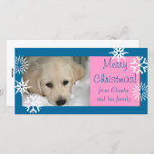 青いピンクの雪片犬のクリスマスの写真カード シーズンカード (正面/裏面)