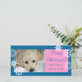 青いピンクの雪片犬のクリスマスの写真カード シーズンカード (スタンド正面)